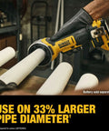 Cordless 20V Pipe Prep Tool for Deburring Beveling PVC Copper Steel, demonstrating larger pipe diameter capability.