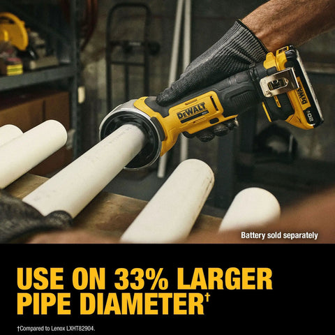 Cordless 20V Pipe Prep Tool for Deburring Beveling PVC Copper Steel, demonstrating larger pipe diameter capability.
