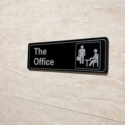Self Adhesive Acrylic Office Sign For Door Or Wall 9 By 3 Inch Name Plate Black And White Durable 5mm Thick With 3M Adhesive Easy Mount Perfect For Cubicles Offices And Reception Areas mounted on a wall