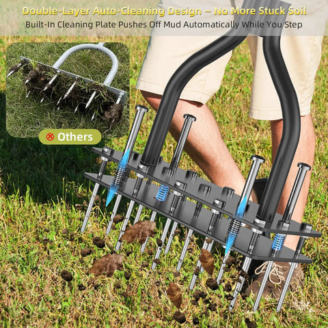 Heavy Duty Manual Lawn Aerator With 15 Spike Dual Layer Self Cleaning Spikes for Compact Soil in use on grass