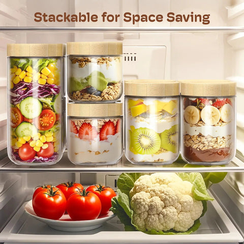 4 Pack 10oz Glass Meal Prep Jars With Bamboo Lids, Airtight Wide Mouth Mason Jars with salads and fruits in fridge