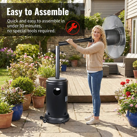 Woman assembling Heavy Duty 50000 BTU Outdoor Propane Patio Heater On Wheels in garden