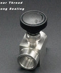 Incontesta 1/2in stainless steel needle valve with BSPP female thread; straight valve with black knurled knob