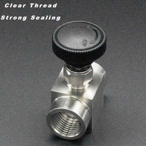 Incontesta 1/2in stainless steel needle valve with BSPP female thread; straight valve with black knurled knob