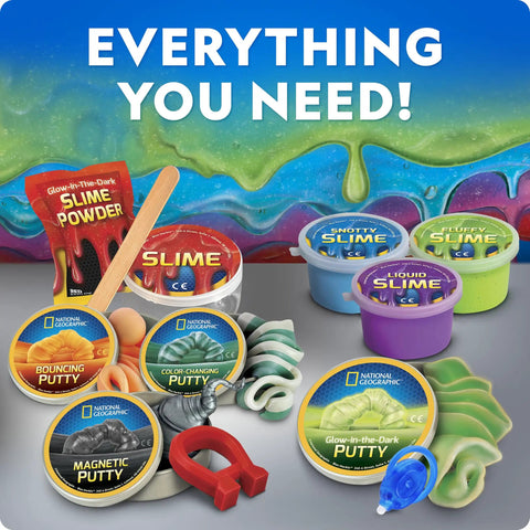 Ultimate Slime Kit And Putty Lab With Eight Varieties Of Slime And Putty Including Magnetic Slime Glow In The Dark Putty Color Changing Putty Snot Slime And Bouncing Putty displayed with accessories on table
