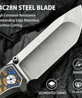 Dope Damascus Inlaid G10 EDC Pocket Knife With 3.4 Inch 14C28N Blade, Compound Grind, High Performance Folding Knife For Everyday Carry, Standout Craft And Modern Rugged Style, 14C28N steel blade close-up