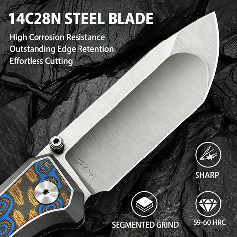 Dope Damascus Inlaid G10 EDC Pocket Knife With 3.4 Inch 14C28N Blade, Compound Grind, High Performance Folding Knife For Everyday Carry, Standout Craft And Modern Rugged Style, 14C28N steel blade close-up