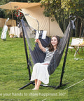 Cozy Macrame Hammock With Stand And Phone Holder, Double Swing Chair in garden, person relaxing, adjustable design, boho style.