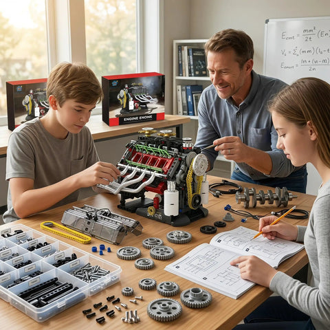 V8 Engine Model Kit For STEM Builders A Real Hands On Build And Drive Display With Full Internal Motion View And Dual Mode Operation Letting You Assemble Observe Run And Show Off A Lean Legit High Tech Mechanical Playground. Teacher and kids assembling V8 engine model kit on classroom table