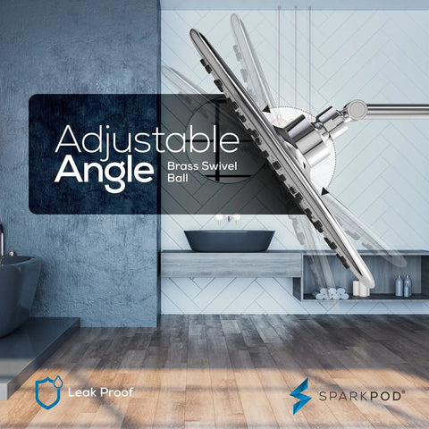 Side view of Massive 9.5 Inch Rain Shower Head With High Pressure Water Flow, featuring adjustable swivel in modern bathroom.