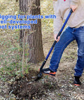 Person using Heavy Duty Shovel With Fiberglass Handle 57 Inch Spade For Gardening near tree, carbon steel head visible