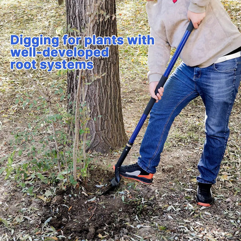 Person using Heavy Duty Shovel With Fiberglass Handle 57 Inch Spade For Gardening near tree, carbon steel head visible