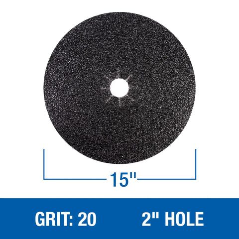 Silicon Carbide Floor Sanding Disc With Cloth Backing 15 Inch By 2 Inch Center Hole Grit 12X Pack Of 20 For Hardwood And Concrete Heavy Duty X Weight Backing For Durable Mastic Removal shown from top view with size annotations