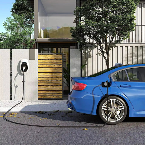 Pro Grade Type 2 EV Charging Cable Mode 3 Male To Female 22KW Three Phase 32A 16 FT Heavy Duty Extension Cord charging a blue car.