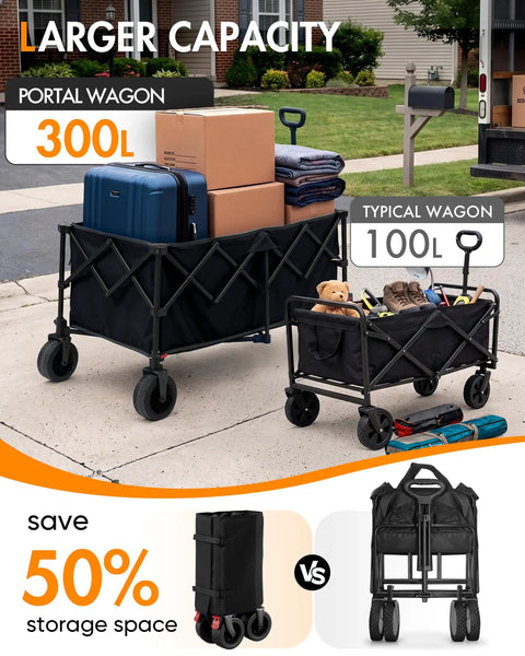 Collapsible Utility Wagon With Big Wheels, 300L Extra Large Foldable Cart for Outdoor Gear, compact storage shown