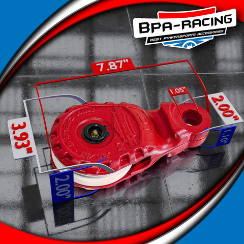 10 Ton Snatch Block With Easy Grip Handle For Offroad Recovery Heavy Duty Winch Accessory Fits 3/4 DRings And 15/32 Inch Synthetic Rope Built From Steel showing dimensions and steel material