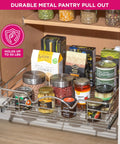Heavy Duty Pull Out Cabinet Organizer Slide Out Pantry Shelf in kitchen with jars and boxes on metal shelf.
