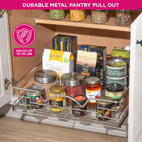 Heavy Duty Pull Out Cabinet Organizer Slide Out Pantry Shelf in kitchen with jars and boxes on metal shelf.
