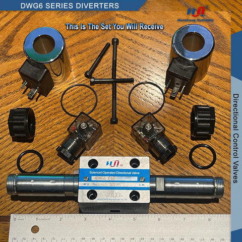 Beefy Size Six 3-Position 4-Way Hydraulic Valve With Electric Solenoid NG6, 2-Pin, 4-Port Directional Control For Mobile And Industrial Equipment, AC 110V Coil, accessories and parts layout on wooden table.