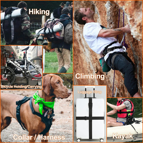 Image showing multiple uses for 1 Inch Strap Buckles and Tri Glide Sliders Kit: hiking gear, climbing setup, bicycle carrying, dog harness, luggage strap, and kayaking.