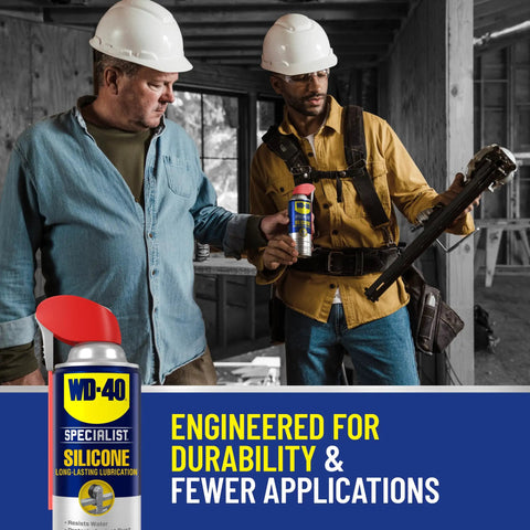 Two construction workers using Silicone Dry Lubricant For Window Tracks And Moving Parts Clear Finish No Mess Keeps Dirt Off