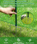 Installing Wind Resistant Temporary Fence With Metal Posts For Outdoor Dogs And Pets showing ground spikes in grass.