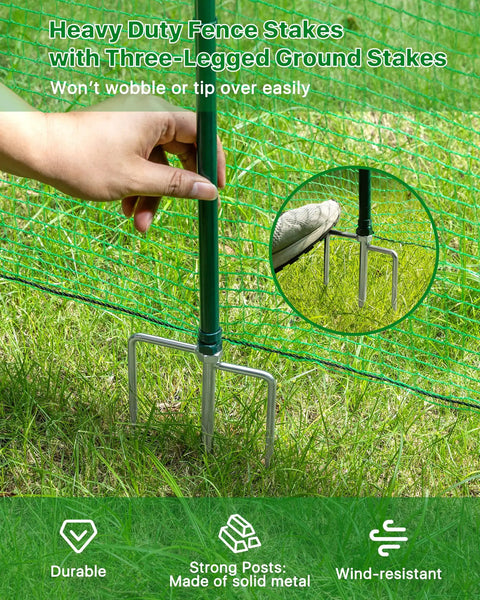 Installing Wind Resistant Temporary Fence With Metal Posts For Outdoor Dogs And Pets showing ground spikes in grass.