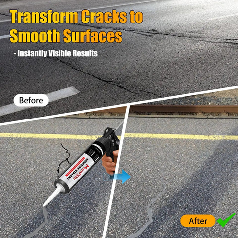 Heavy Duty Gray Concrete Crack Filler Self Leveling Waterproof Sealant Fast Curing Flexible Cement Repair Patch Kit For Driveways Walkways Rock Solid Fix For Cracks Up To 2 Inches Wide Fast Cure For Diy 2 Pack 10 1 Ounce Each applied in before and after images showing pavement repair.