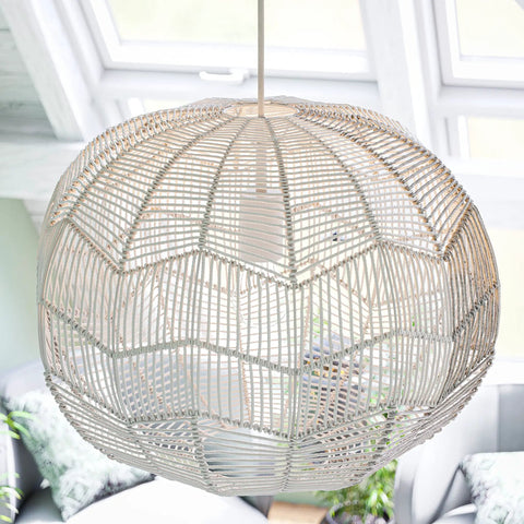 White Rattan Pendant Light Snaggle One Light Large Ceiling Fixture for vaulted ceilings with rattan shade, living room view
