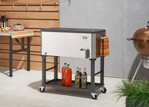 Stainless Steel Beverage Cooler And Ice Chest With Wheels And Built In Bottle Opener Rolling Cart With Detachable Tub 80 Quart Capacity