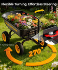 Heavy Duty Garden Dump Cart With No-Flat 10-Inch Tires, 600lb Capacity, filled with flowers, showing 270° turning radius.