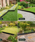 Collage of No Dig Metal Landscape Edging in garden, pathway, lawn, and backyard, showing black galvanized steel borders.