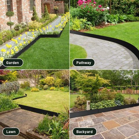 Collage of No Dig Metal Landscape Edging in garden, pathway, lawn, and backyard, showing black galvanized steel borders.
