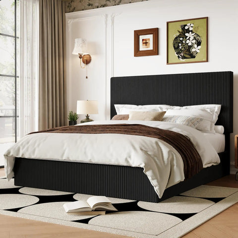 Ultra Legit Comfy Queen Bed Frame With Adjustable Corduroy Headboard And Sleek Black Platform Design For Your Bedroom Glow Up Easy Peasy Setup Solid Build Quality in modern bedroom setting with decorative elements.