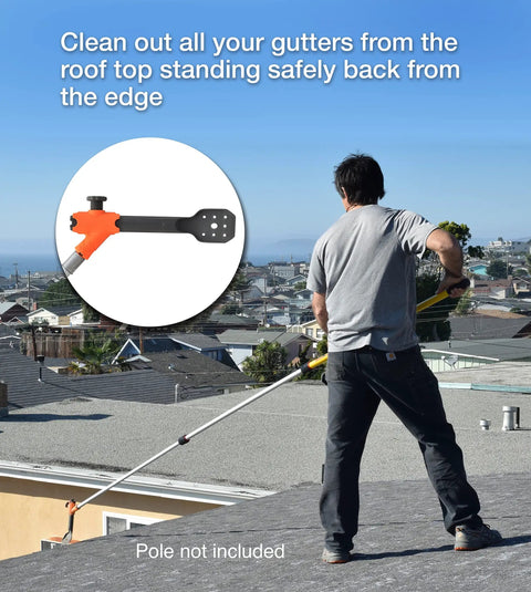 Person using Gutter Cleaner Pro Clean Gutters From The Ground No Ladder Needed Water Or Vacuum on rooftop safely, pole not included.