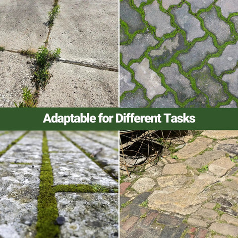 Weeds in narrow cracks of various pavements; ideal for Long Reach Crack Weeder with Spring Steel L Shaped Blade and Adjustable Handle