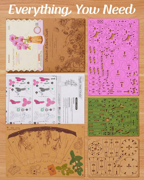 3D Wooden Flower Puzzle Kit For Adults, Dope DIY Botanical Orchid Build Set, Purple Moth Orchid Craft Project, assorted wooden parts and instructions