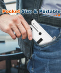 Man placing 100x To 250x Portable Pocket Microscope into jeans pocket, showcasing handheld size and portability, white device.