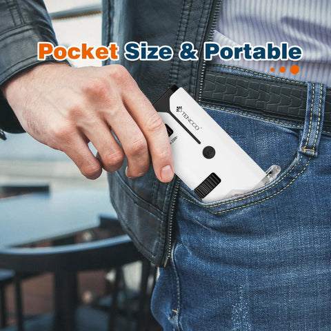 Man placing 100x To 250x Portable Pocket Microscope into jeans pocket, showcasing handheld size and portability, white device.