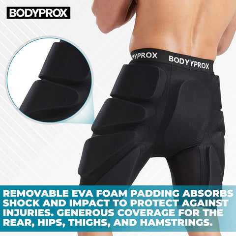 Side view of Gnarly Protective Padded Shorts For Snowboard, Skate And Skiing with EVA foam padding and rugged fit, black color