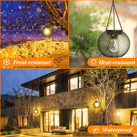Auto On Solar Lanterns For Outdoors Upgraded Hanging Garden Lights Metal Waterproof Lanterns in winter, rain, and sunny conditions.