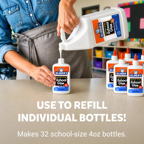 White Liquid School Glue 1 Gallon for Arts and Crafts Safe Washable Non Toxic Bond Paper Wood Fabric Ceramics Being Poured
