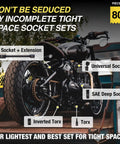 Motorcycle with socket set labels, highlighting SAE socket extension, universal, SAE deep, inverted Torx, and Torx sockets.