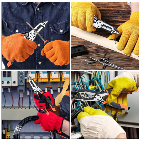 9-In-1 Wire Stripper Tool With Pliers And Cable Cutters Heavy Duty Pro Grade in four different use scenarios for electrical tasks.
