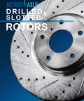 Close-up of drilled and slotted brake rotor from 4x4 Front Brake Kit For 2000 2001 Dodge Ram 1500 With Drilled And Slotted Disc Brake Rotors