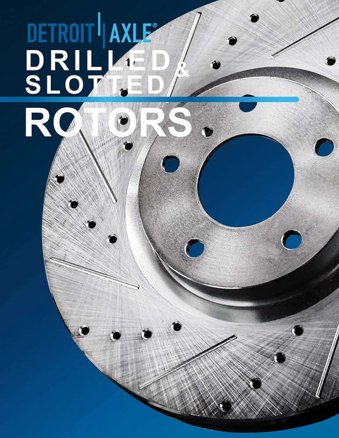Close-up of drilled and slotted brake rotor from 4x4 Front Brake Kit For 2000 2001 Dodge Ram 1500 With Drilled And Slotted Disc Brake Rotors