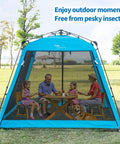 Family sitting inside Instant Pop Up Screen House Gazebo 8.2 By 8.2 By 75 Inches Portable Canopy, blue with mosquito netting, in garden.