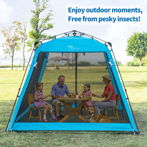 Family sitting inside Instant Pop Up Screen House Gazebo 8.2 By 8.2 By 75 Inches Portable Canopy, blue with mosquito netting, in garden.