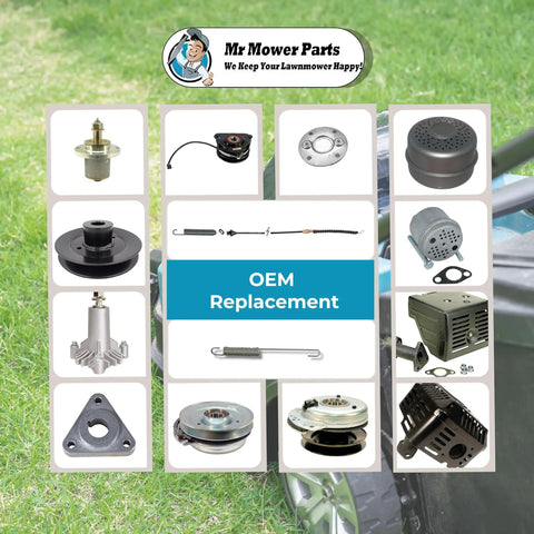 Collage of OEM replacement parts for lawn mowers, including deck roller wheel, caps, and pulleys, displayed on a green grass background.