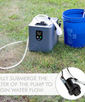 Portable Propane Water Heater And Shower Pump For Camping And Outdoors, Instant Hot Water With LCD Auto Safety Shutoff system next to blue bucket